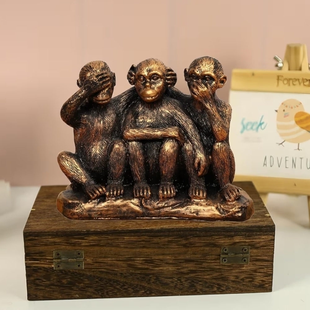 ☔️🔹️🅰️NIB Bronze Coated Resin Hear No Evil See No Evil Tabletop Monkeys